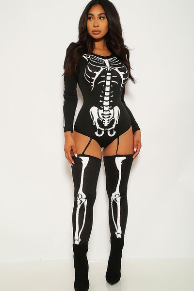 Sexy Bone-A-Fide Skeleton Black White Long Sleeve Bodysuit 3 Pc Costume - AMIClubwear