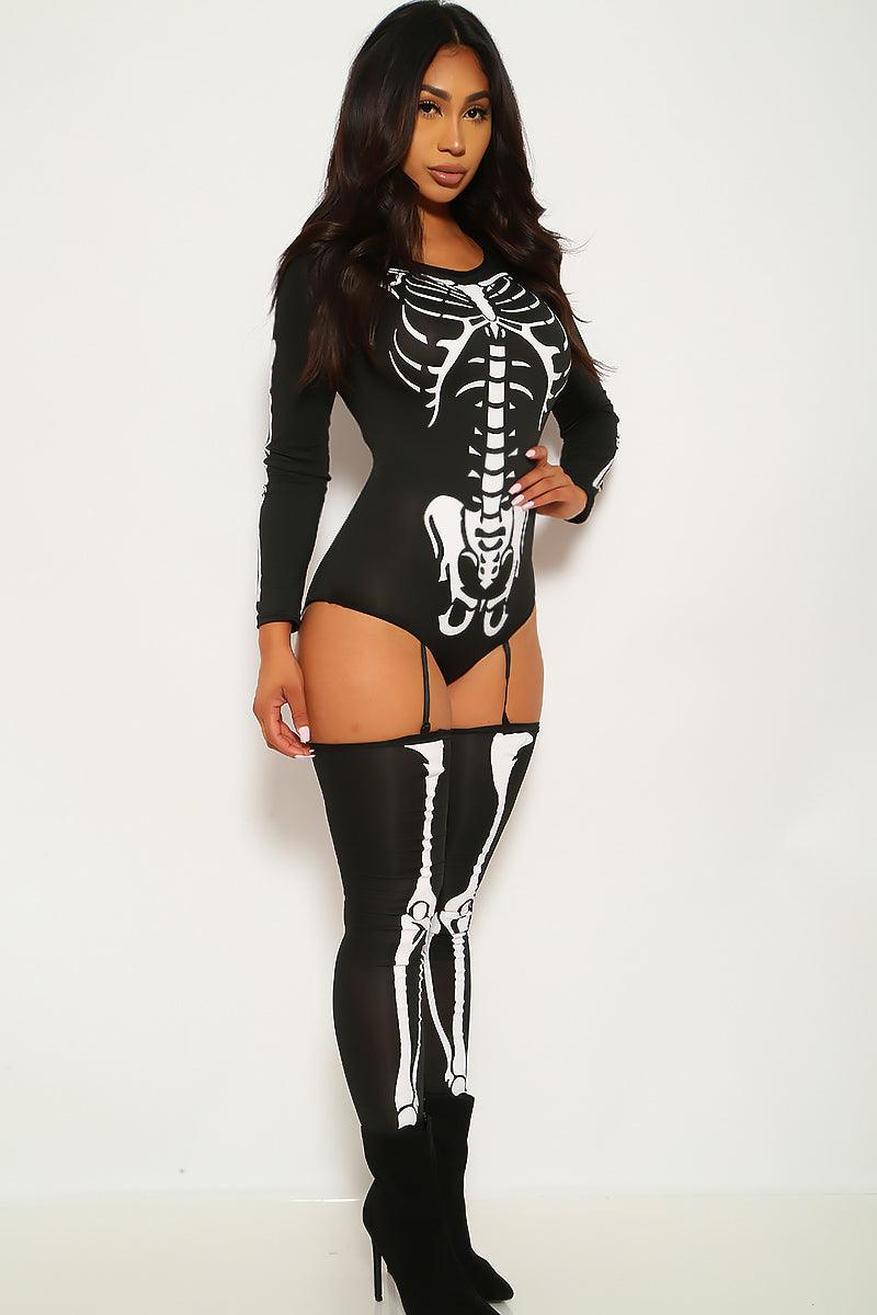 Sexy Bone-A-Fide Skeleton Black White Long Sleeve Bodysuit 3 Pc Costume - AMIClubwear