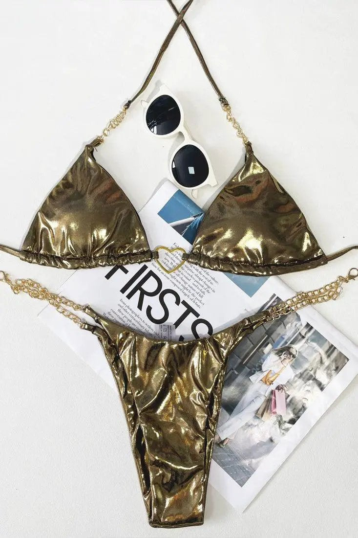 Sexy Bronze Metallic Cheeky Bikini With Gold Heart Ring