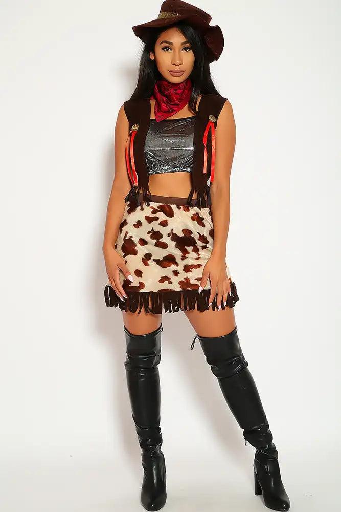 Sexy Brown Beige Western Costume Five Piece Skirt Crop Top Vest Bandanna Hat Fitted - AMIClubwear