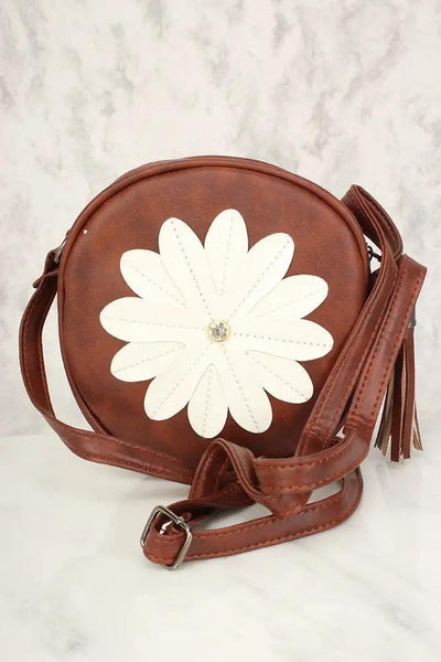 Sexy Brown Flower Patch Distressed Faux Leather Circle Crossbody Bag - AMIClubwear