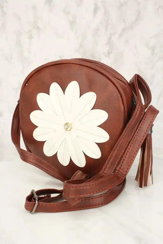 Sexy Brown Flower Patch Distressed Faux Leather Circle Crossbody Bag