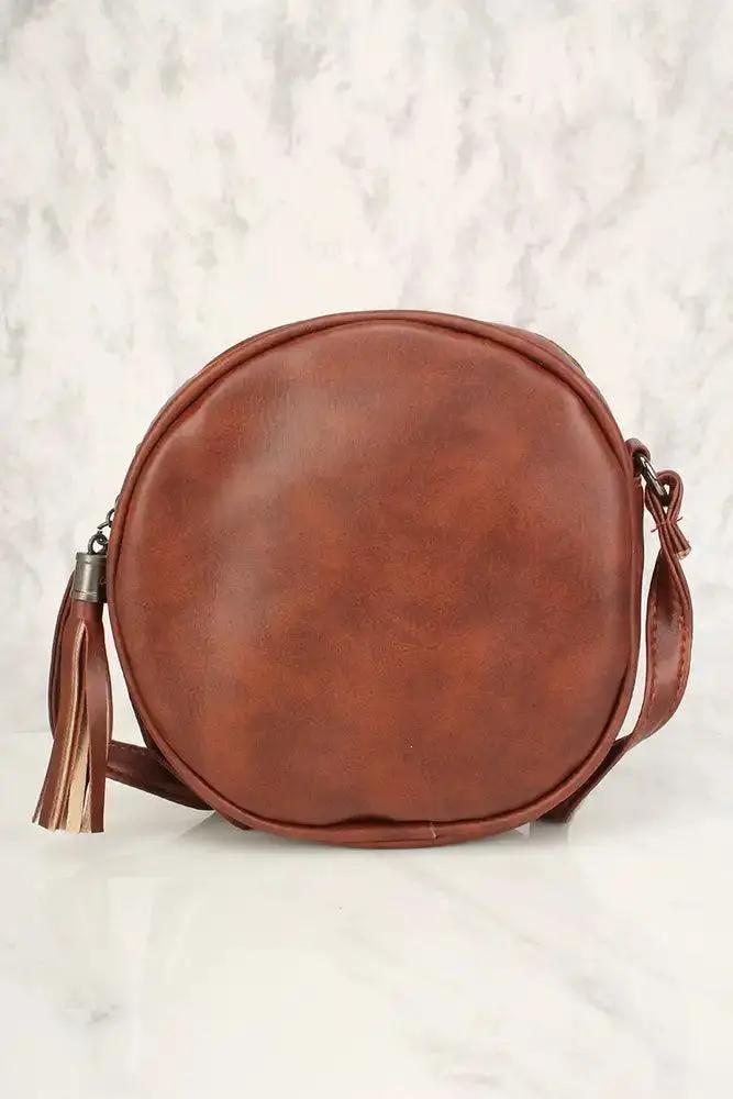 Sexy Brown Flower Patch Distressed Faux Leather Circle Crossbody Bag