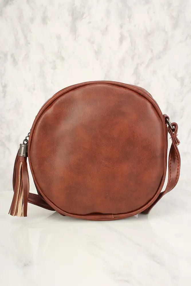 Sexy Brown Flower Patch Distressed Faux Leather Circle Crossbody Bag - AMIClubwear