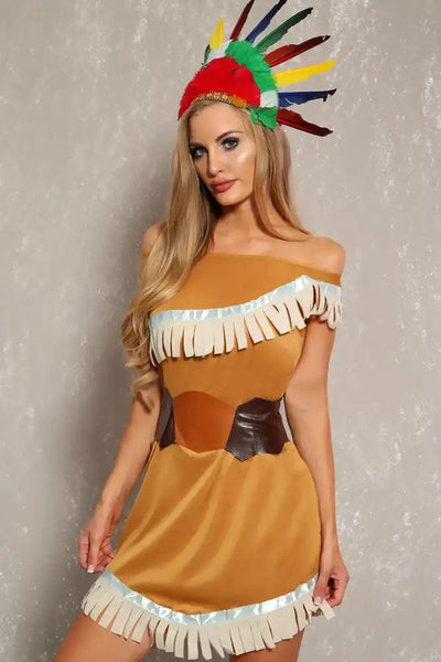 Sexy Brown Off The Shoulder Fringe Detail Indian 2 Piece Costume - AMIClubwear