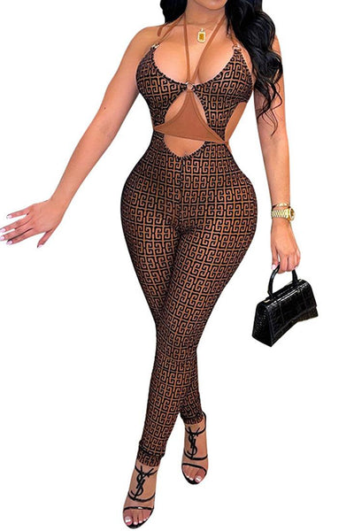 Sexy Brown Printed Cut Out Strappy Backless Jumpsuit - AMIClubwear