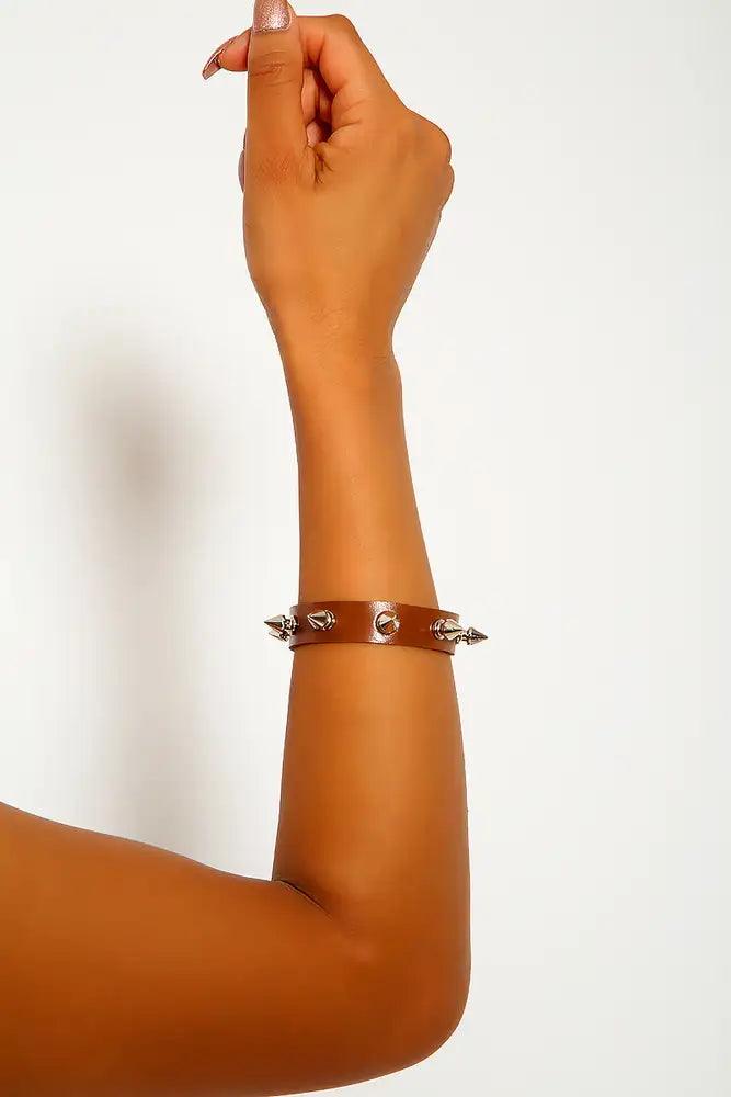 Sexy Brown Studded Faux Leather Bracelet Costume Accessory - AMIClubwear