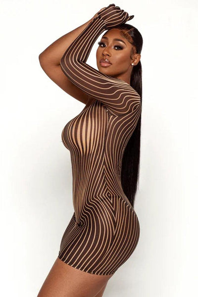 Sexy Brown Vertical Stripe One Sleeve Party Dress - AMIClubwear