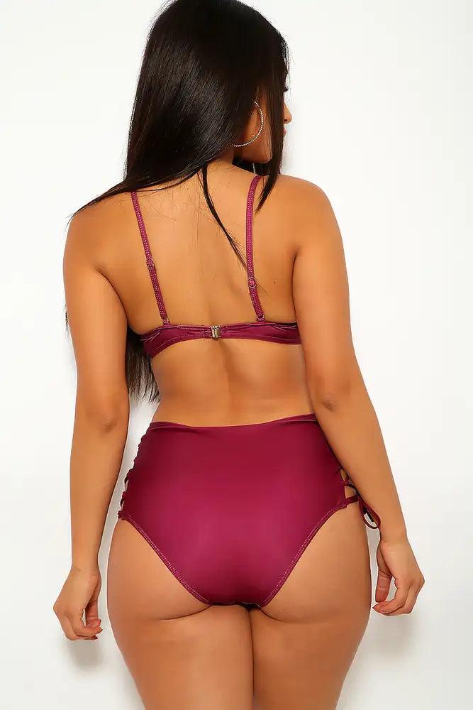 Sexy Burgundy Floral Print Halter Strappy Detailing Two Piece Swimsuit - AMIClubwear