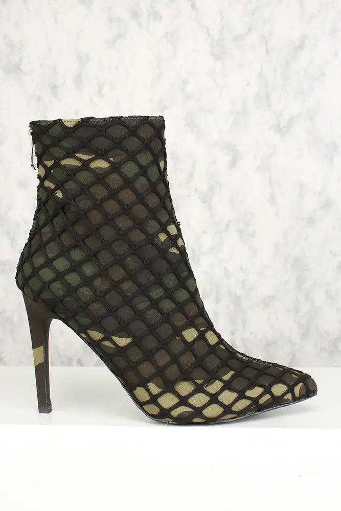 Sexy Camo Netted Pointy Toe Mid Calf High Heels Booties - AMIClubwear