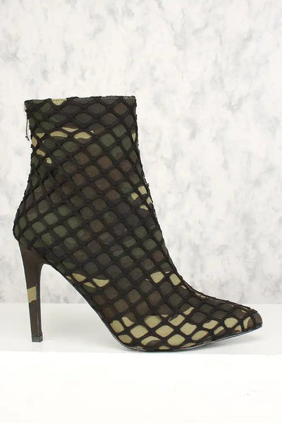 Sexy Camo Netted Pointy Toe Mid Calf High Heels Booties - AMIClubwear