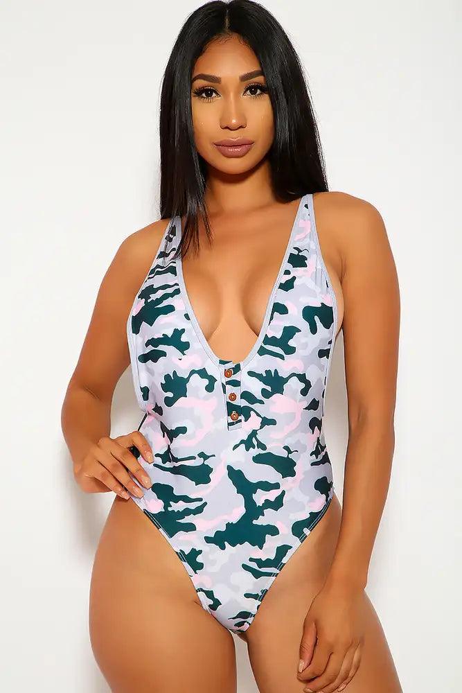 Sexy Camo Open Back Button One Piece Swimsuit - AMIClubwear