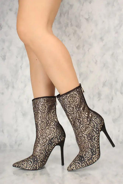 Sexy Champagne Lace Pointy Toe Studded Decor Single Sole Booties - AMIClubwear