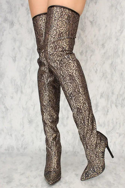 Sexy Champagne Lace Studded Decor Thigh High Boots - AMIClubwear