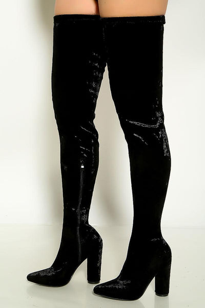 Sexy Chic Black Velvet Block Heel Thigh High Boots - AMIClubwear