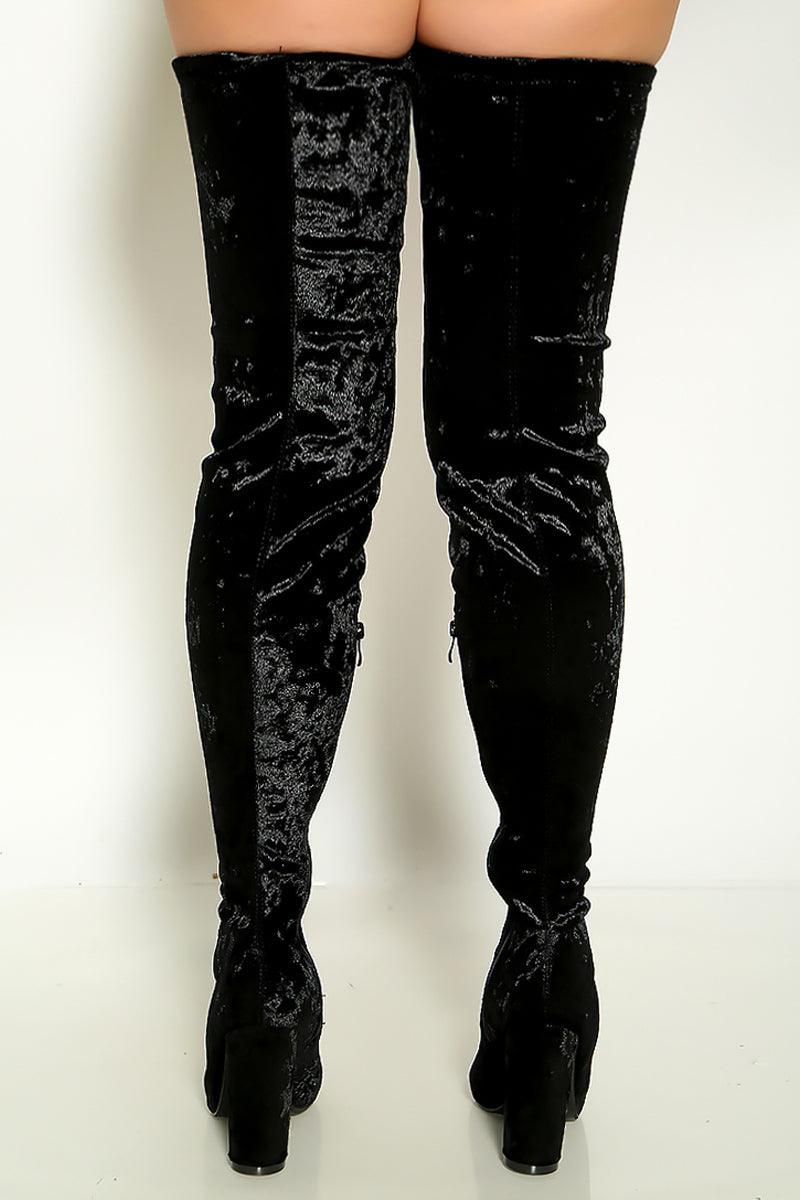 Sexy Chic Black Velvet Block Heel Thigh High Boots - AMIClubwear