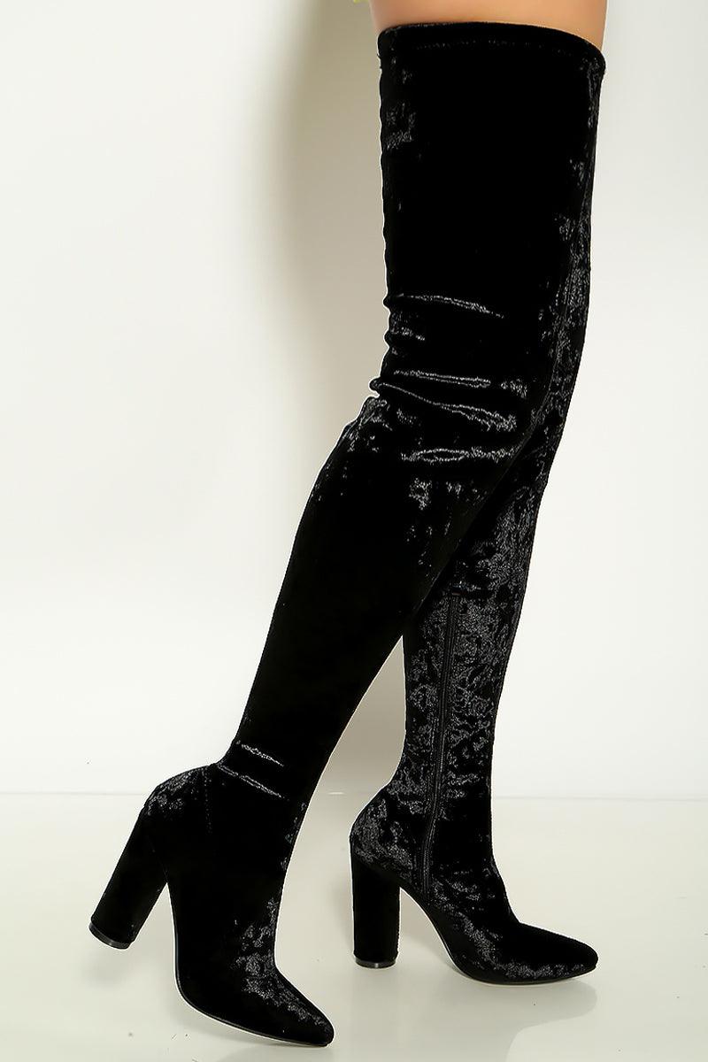 Sexy Chic Black Velvet Block Heel Thigh High Boots – AMIClubwear