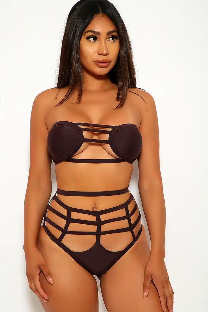 Sexy Chocolate Caged Strappy Two Piece Swimsuit - AMIClubwear