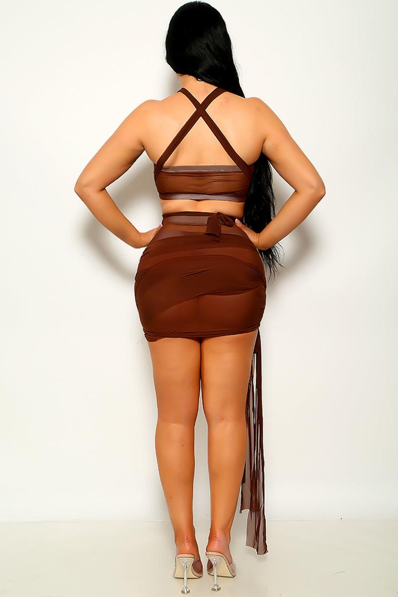 Sexy Coffee Strappy Mesh Top With Skirt 2 Pc Set - AMIClubwear