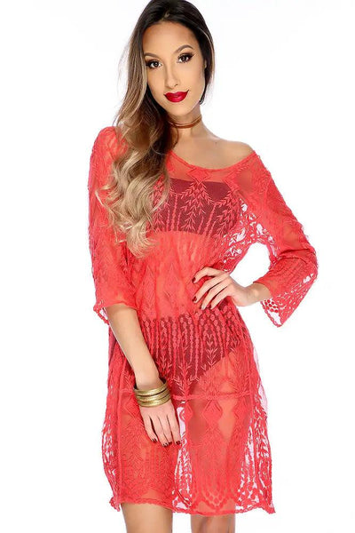 Sexy Coral Mesh Embroider Patter Swimsuit Coverup - AMIClubwear