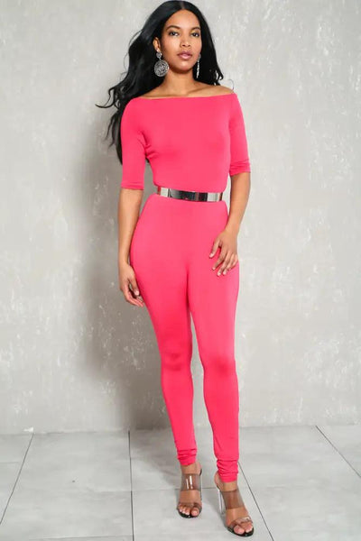 Sexy Coral Off The Shoulders Fitted Casual Jumpsuit - AMIClubwear