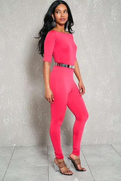 Sexy Coral Off The Shoulders Fitted Casual Jumpsuit - AMIClubwear