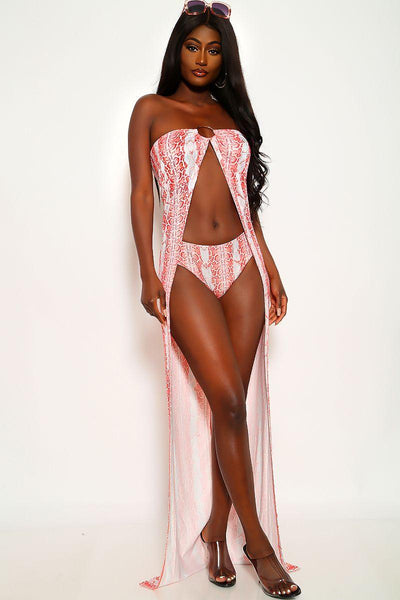 Sexy Coral White Snake Print Two Piece Swimsuit Outfit - AMIClubwear