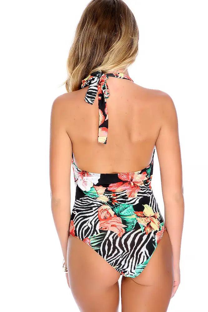 Sexy Coral Zebra Print Halter Plunge V-Neckline One Piece Swimsuit - AMIClubwear