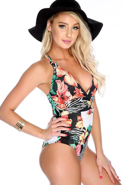 Sexy Coral Zebra Print Plunging Neckline One Piece Swimsuit - AMIClubwear