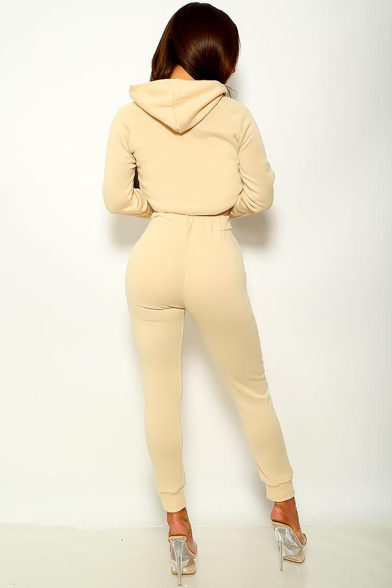 Sexy Cream Two Piece Long Sleeve Sweatsuit - AMIClubwear