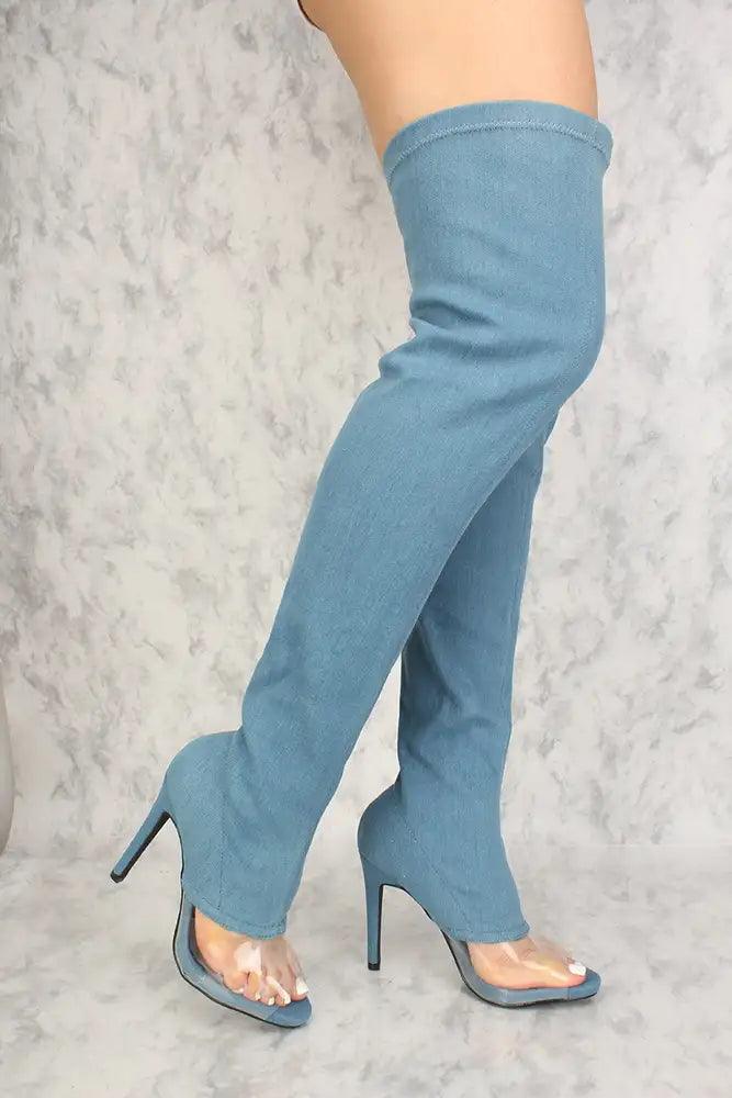 Sexy Denim Clear Peep Toe Thigh High Heel Boots - AMIClubwear