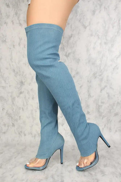 Sexy Denim Clear Peep Toe Thigh High Heel Boots - AMIClubwear