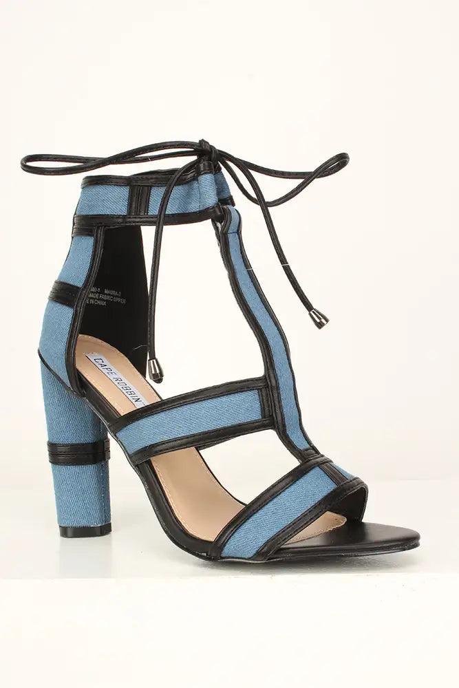 Sexy Denim Cut Out Open Toe Chunky High Heels - AMIClubwear