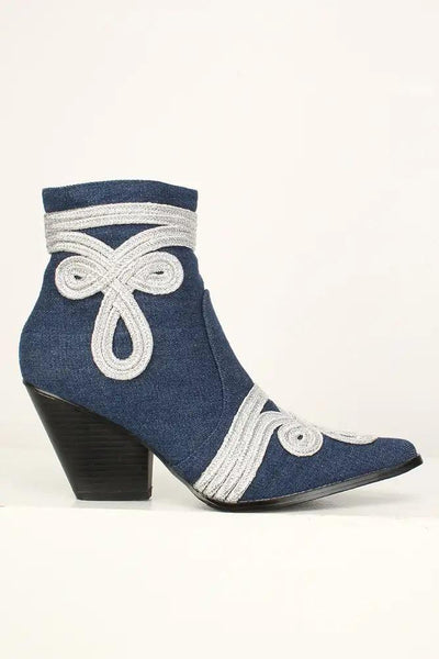 Sexy Denim Embroidered Pointy Toe Chunky High Heels Booties - AMIClubwear