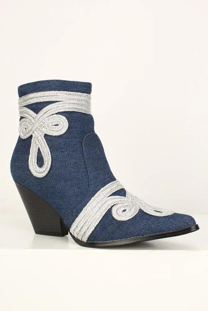 Sexy Denim Embroidered Pointy Toe Chunky High Heels Booties - AMIClubwear