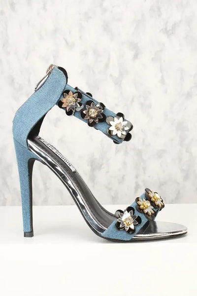 Sexy Denim Floral Open Toe Single Sole High Heels - AMIClubwear