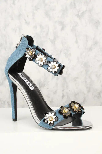 Sexy Denim Floral Open Toe Single Sole High Heels - AMIClubwear