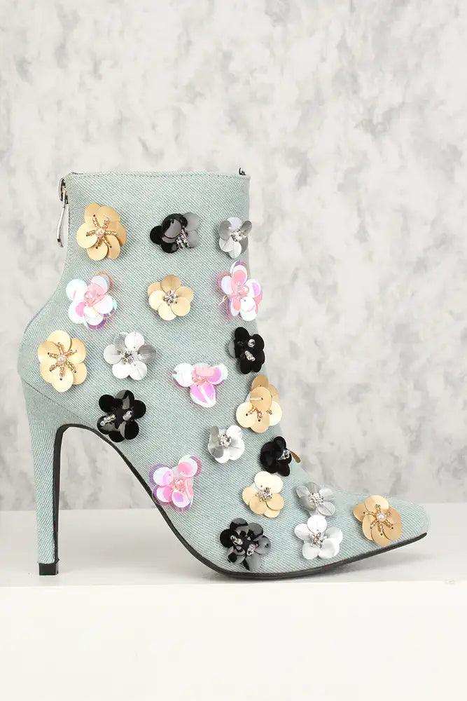 Sexy Denim Floral Pointy Toe High Heel Mid Calf Booties - AMIClubwear