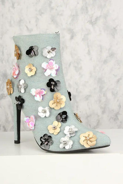 Sexy Denim Floral Pointy Toe High Heel Mid Calf Booties - AMIClubwear