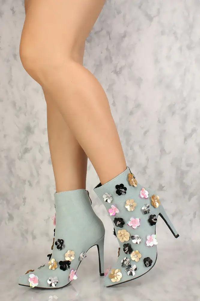 Sexy Denim Floral Pointy Toe High Heel Mid Calf Booties - AMIClubwear