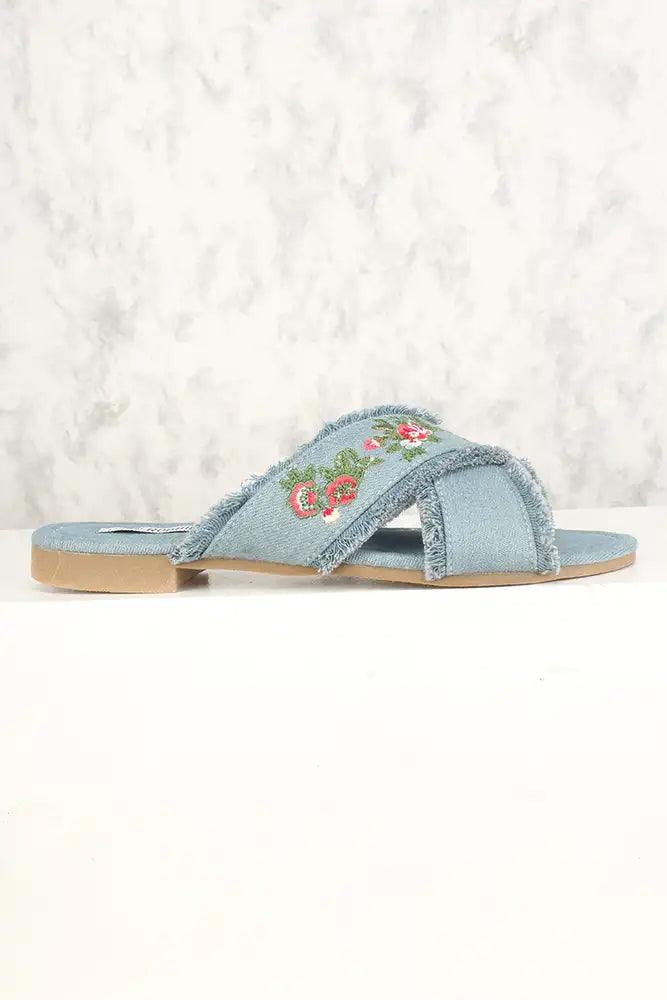 Sexy Denim Frayed Floral Embroidered Slip On Sandals - AMIClubwear