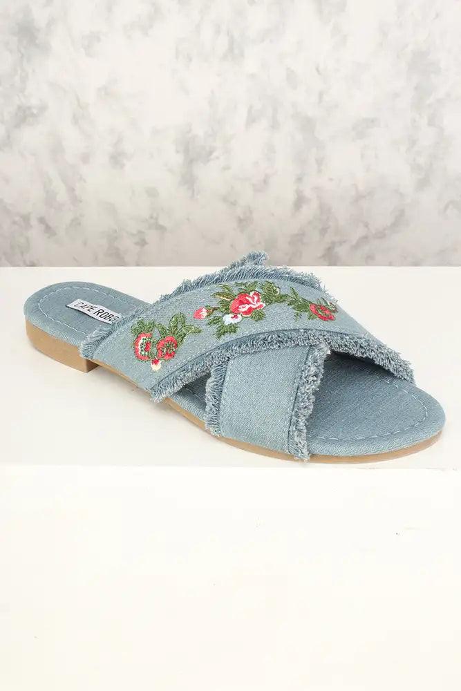 Sexy Denim Frayed Floral Embroidered Slip On Sandals - AMIClubwear