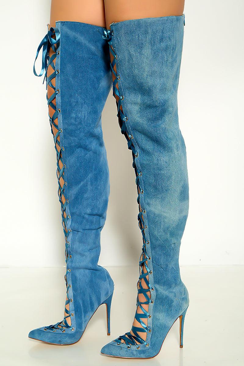 Sexy Denim Lace Up Pointy Toe Thigh High Boots - AMIClubwear