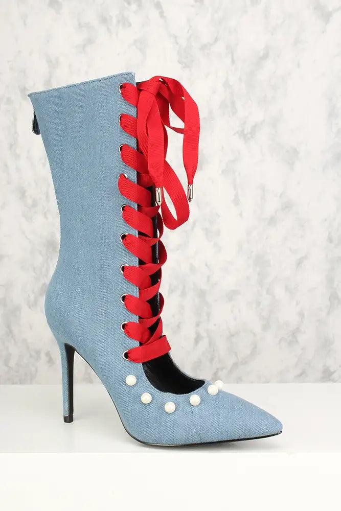 Sexy Denim Pearl Lace Up High Heels Mid Calf Booties - AMIClubwear