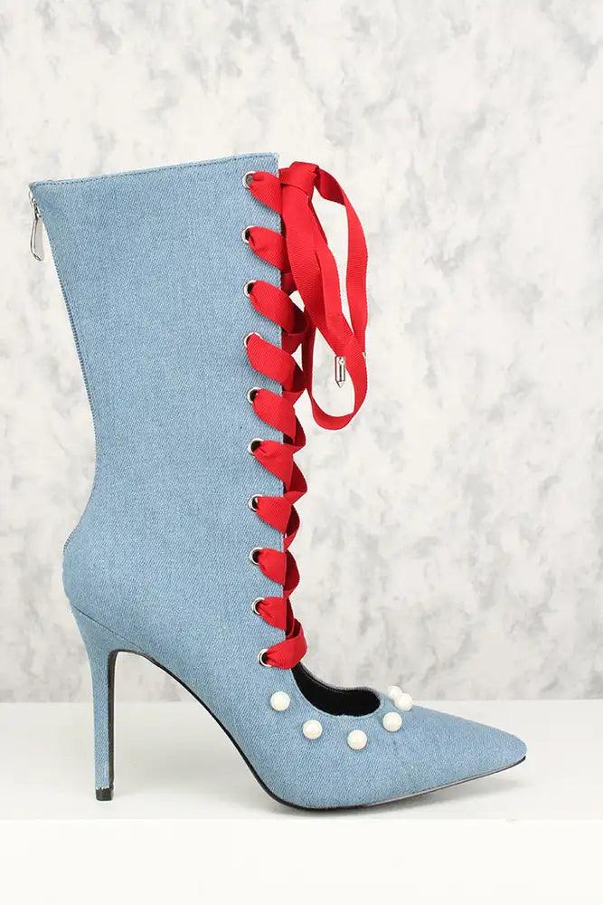 Sexy Denim Pearl Lace Up High Heels Mid Calf Booties - AMIClubwear