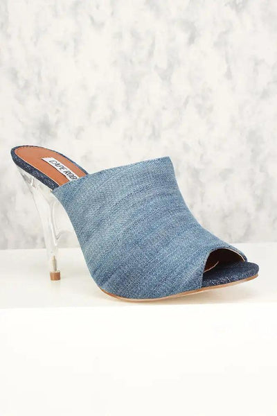 Sexy Denim Peep Toe Slip On Clear High Heels - AMIClubwear