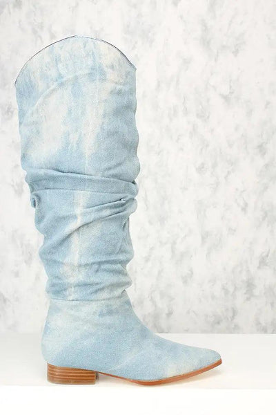 Sexy Denim Ruched Detail Flared Pointy Toe Boots - AMIClubwear