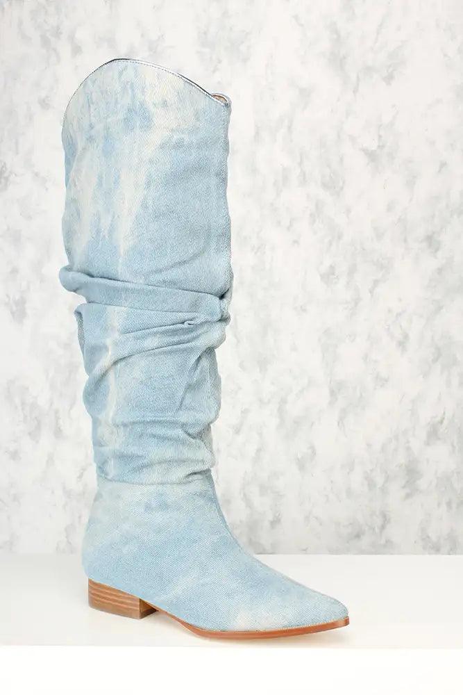 Sexy Denim Ruched Detail Flared Pointy Toe Boots - AMIClubwear