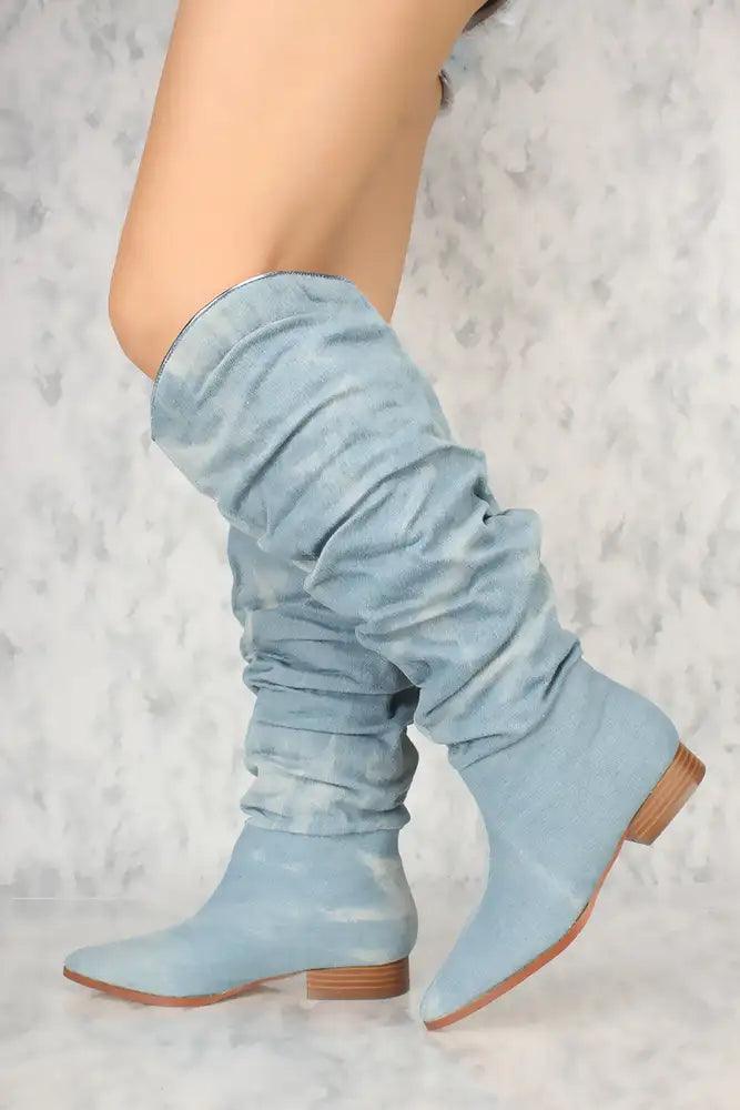 Sexy Denim Ruched Detail Flared Pointy Toe Boots - AMIClubwear