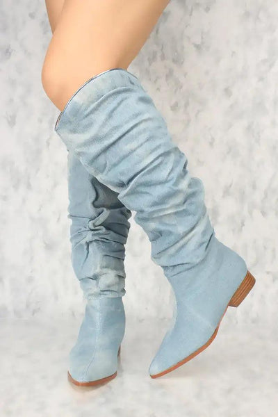 Sexy Denim Ruched Detail Flared Pointy Toe Boots - AMIClubwear